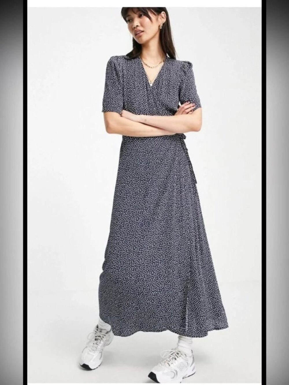 & Other Stories Wrap Maxi Dress (Navy Blue & White Polka Dot)